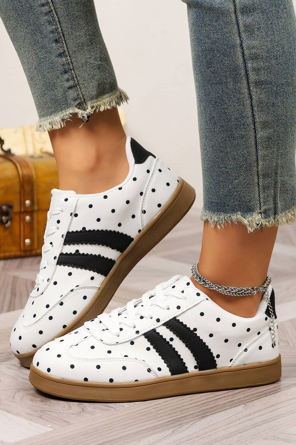 Dot Print Pu Leather Color Block Detail Casual Sneakers
