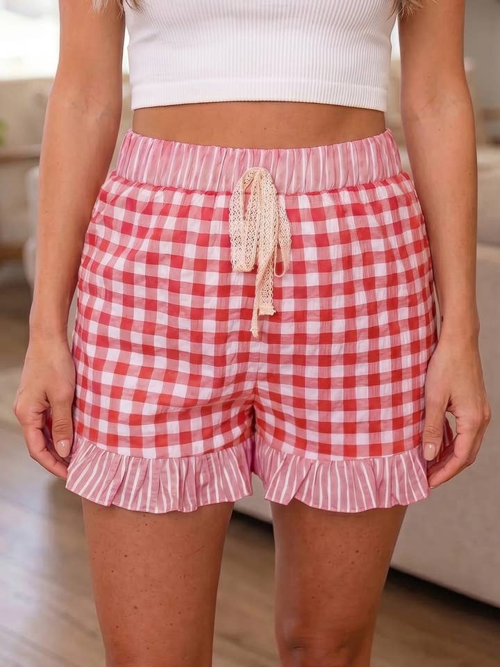Pink Gingham Print Ruffled Shorts