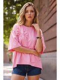 Summer Solid Color Raw Edge Bow Patch Loose T Shirt