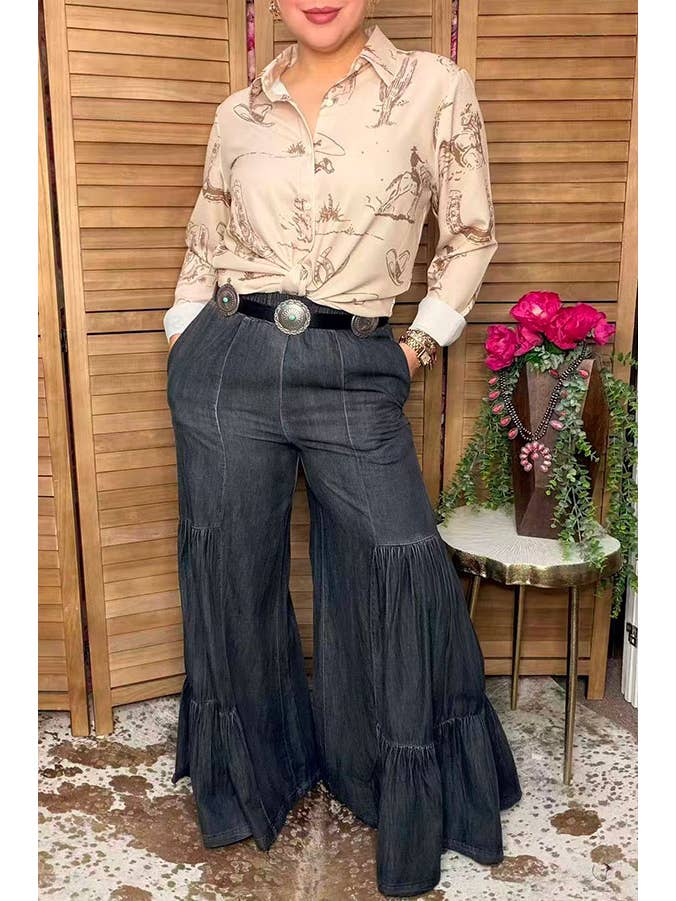Western Denim Jeans Wide Leg Women's Boutique Pant XCH17096