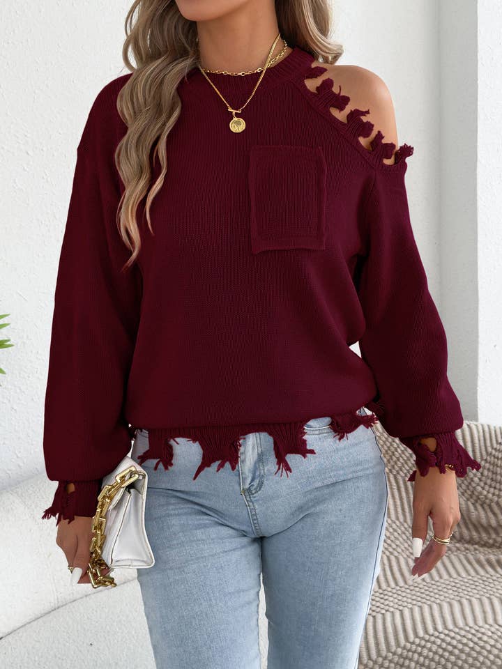 Off-Shoulder Ripped Fringe Pullover Sweater