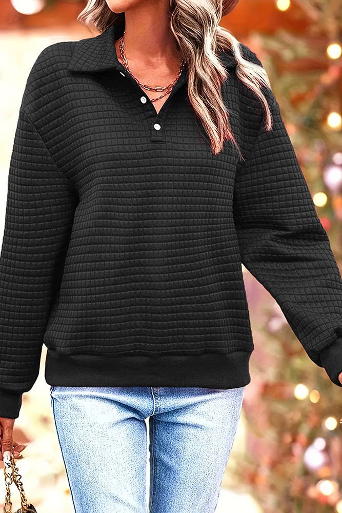 Plain Waffle Knit Collar Button Pullover Sweatshirt ZK955