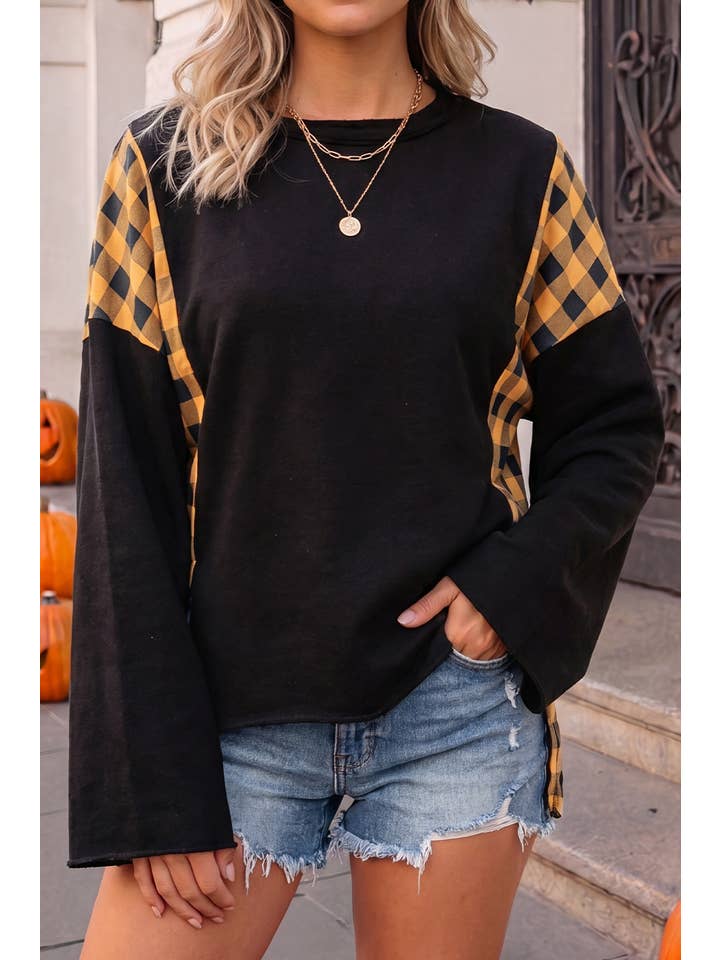 Plaid Pumpkin Face Back Halloween Pullover Top | S-Xl