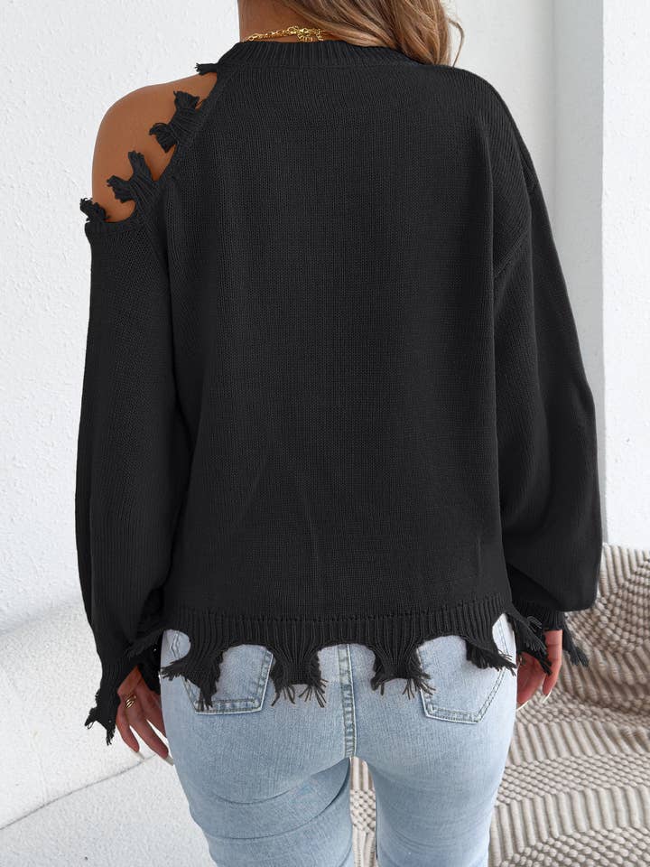 Off-Shoulder Ripped Fringe Pullover Sweater