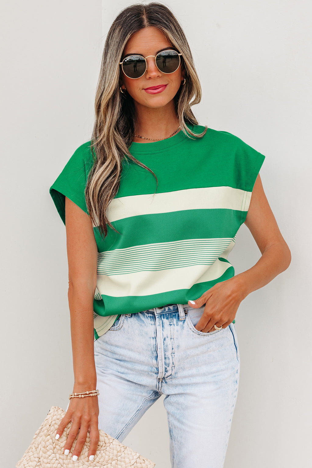 Black Stripe Mixed Print Crew Neck Cap Sleeve T Shirt
