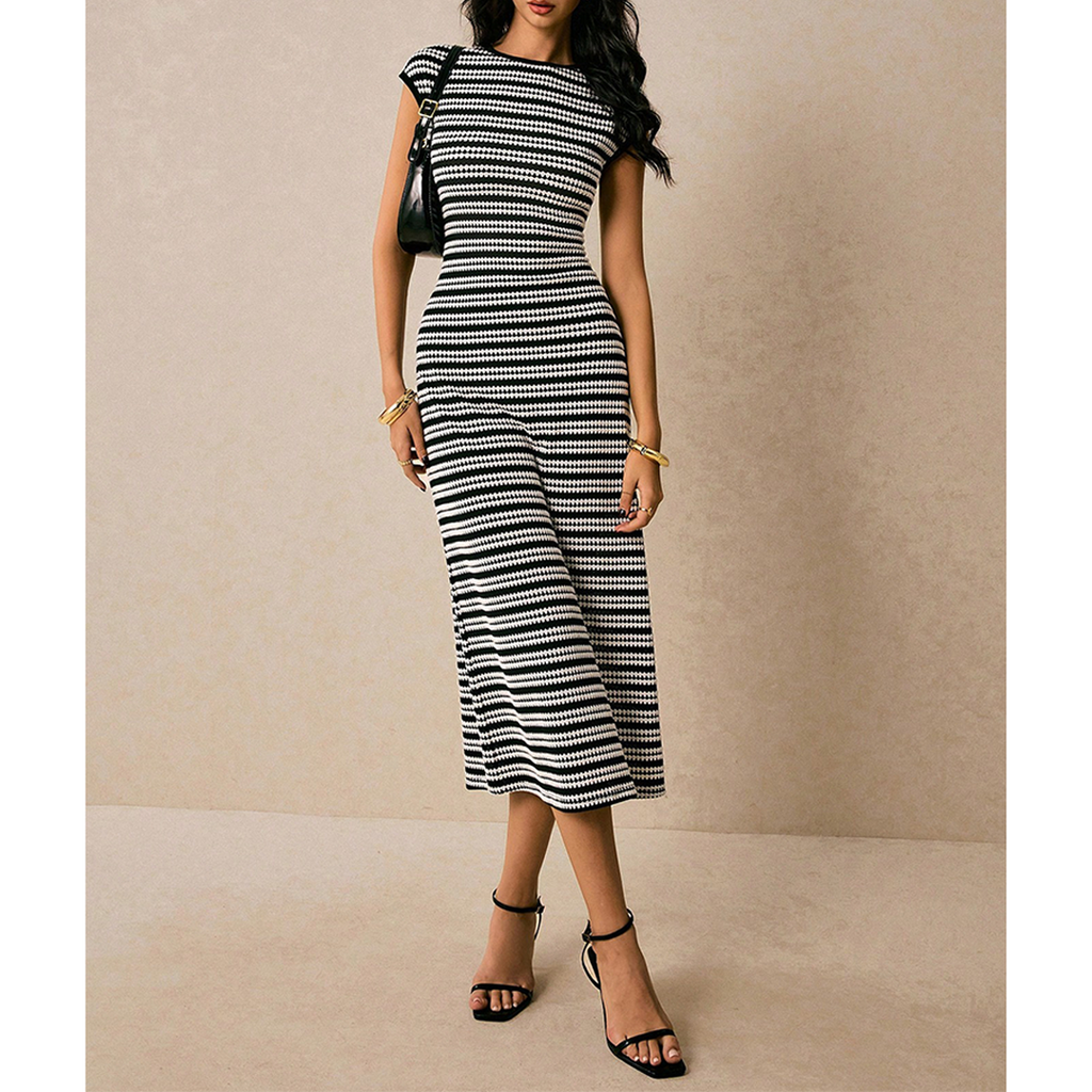 Colorblock Striped Crew Neck Short Sleeve Maxi Dress AXR152