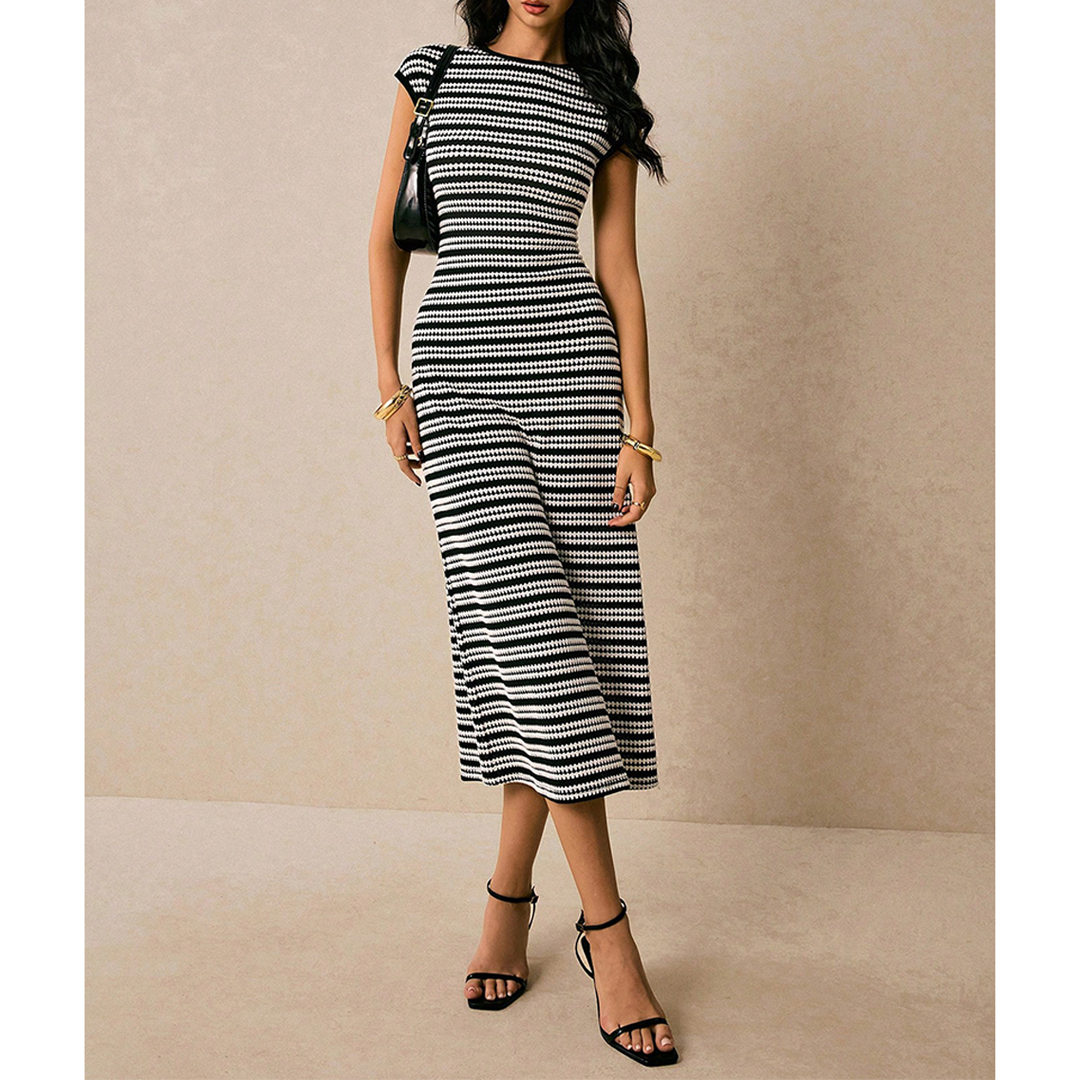 Colorblock Striped Crew Neck Short Sleeve Maxi Dress AXR152