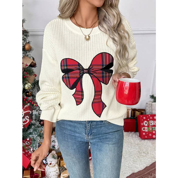 Christmas Plaid Bow Round Neck Pullover Sweater BFZY1721