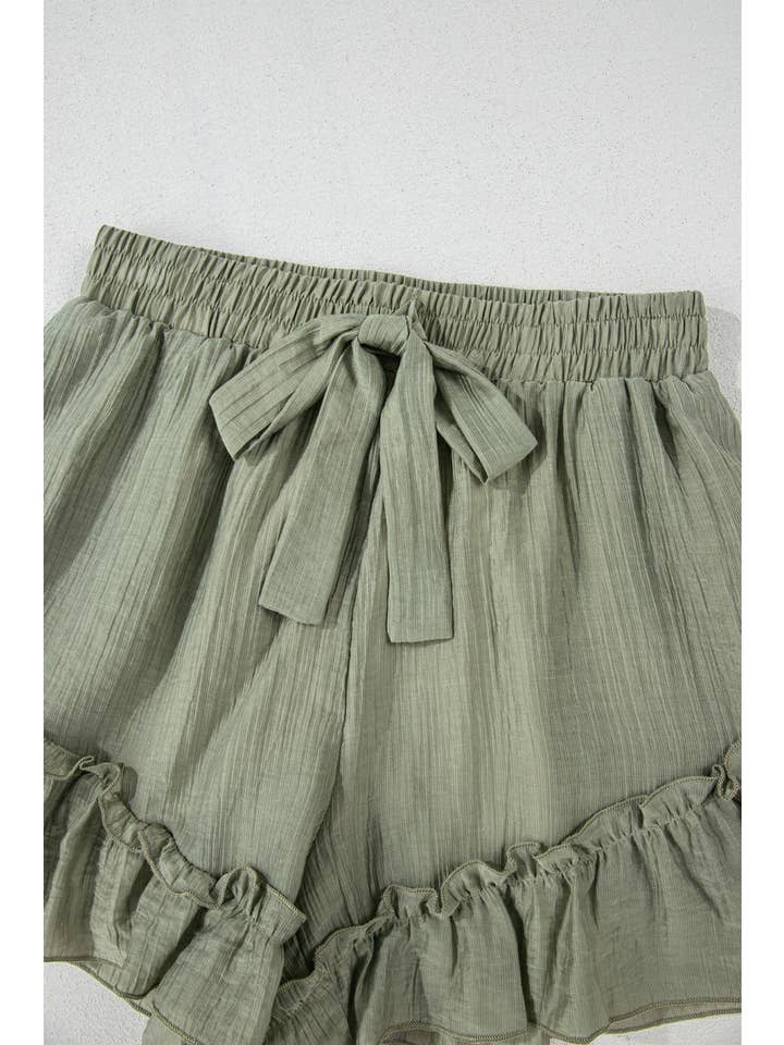 Textured Tie Waist Ruffle Hem Shorts