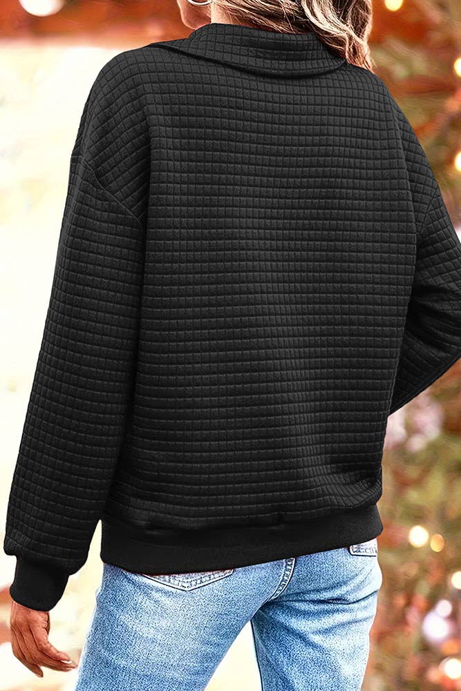 Plain Waffle Knit Collar Button Pullover Sweatshirt ZK955