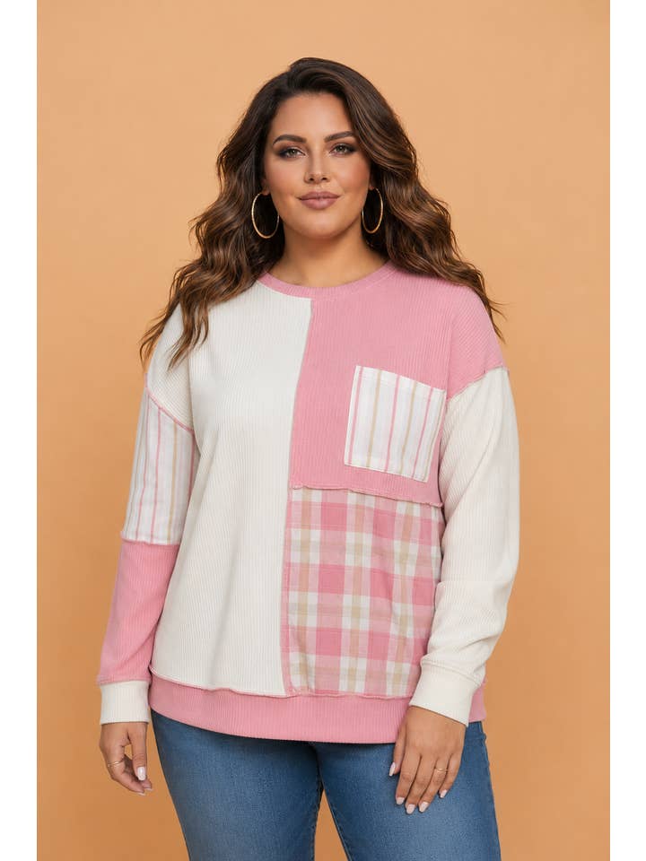 PRETTY BASH Plus Size Plaid Stripe Patch Long Sleeve Top
