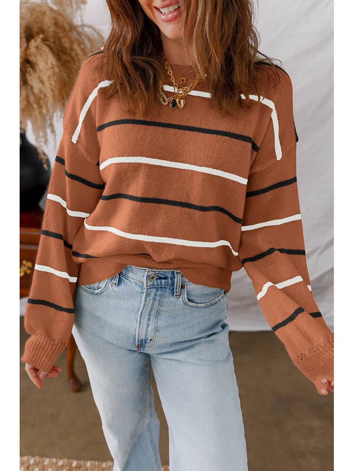Striped Round Neck Drop Shoulder Sweater | S-Xl