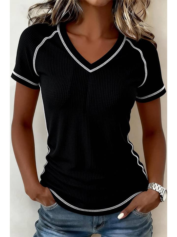 Waffle Textured Contrast Trim V Neck Tee (S-Xl)