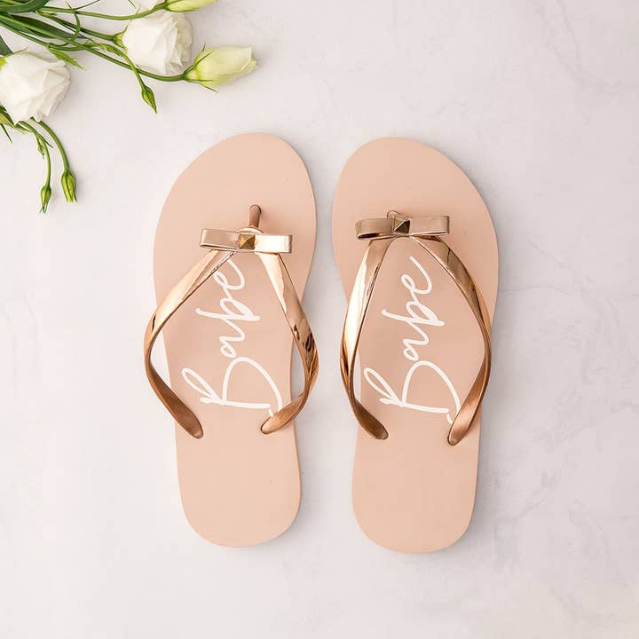 Women’S Blush Pink & Rose Gold Flip-Flops with Bow - Babe