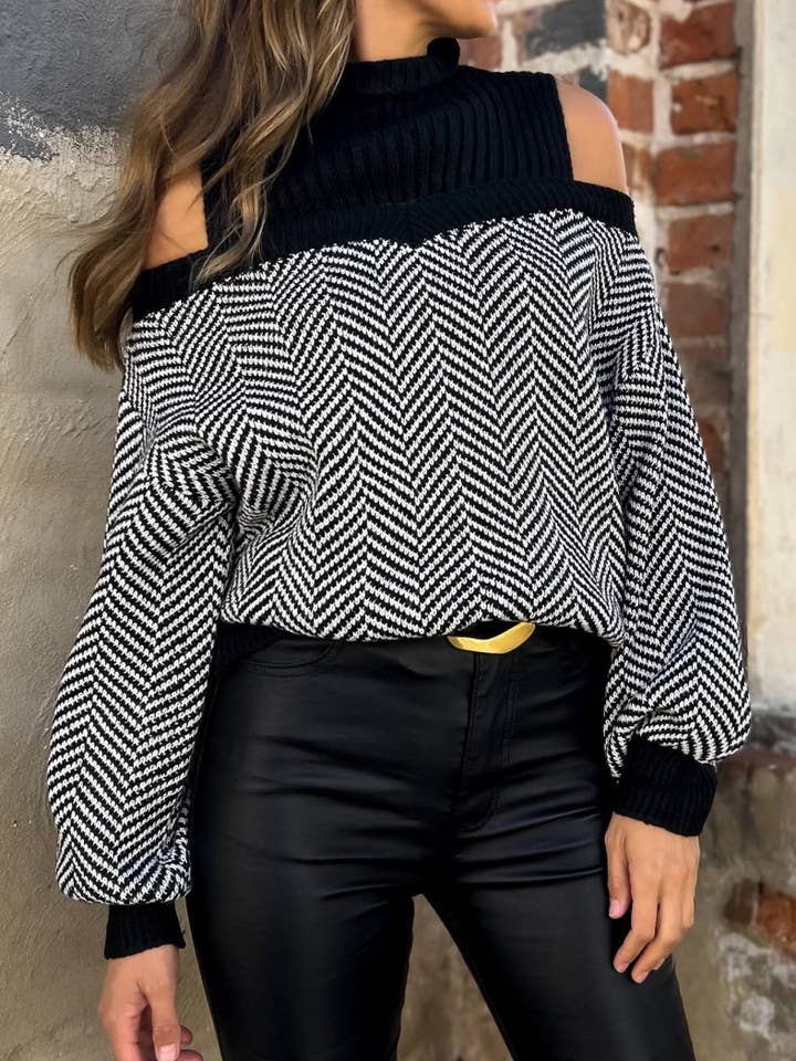 Off-Shoulder Herringbone Sweater