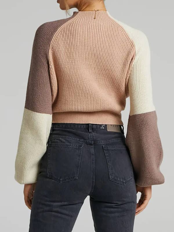 Color Block Mock Neck Raglan Sleeve Crop Sweater