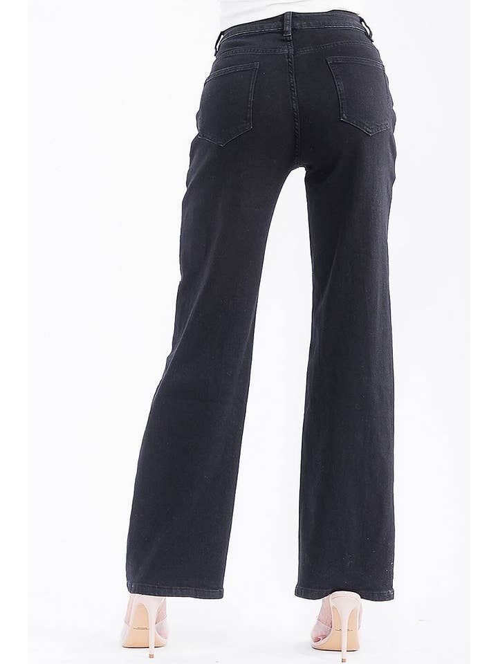 Pockets Pearl Flowers Detailed Wide Leg Denim Pants