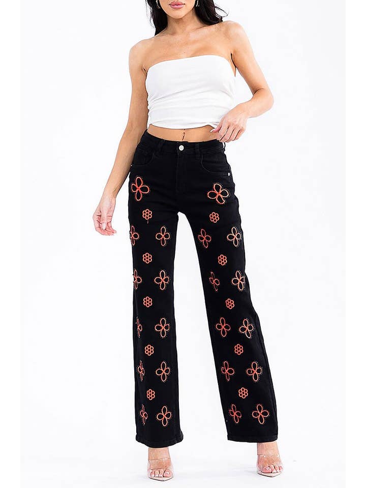 Pockets Pearl Flowers Detailed Wide Leg Denim Pants