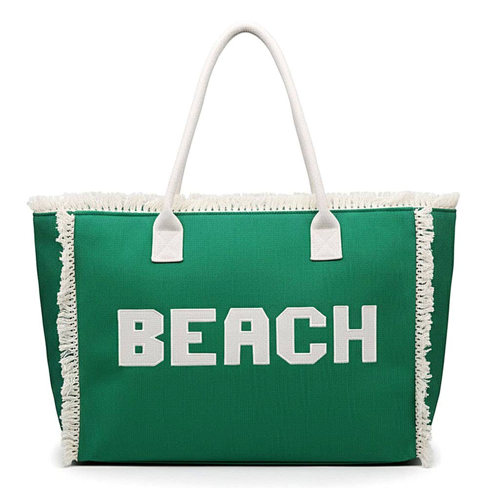 Bold Beach Letter Embroidered Fringe Tote Bag