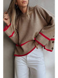 Ribbed Knit Contrasted Stripe Detail Button Side Sweater