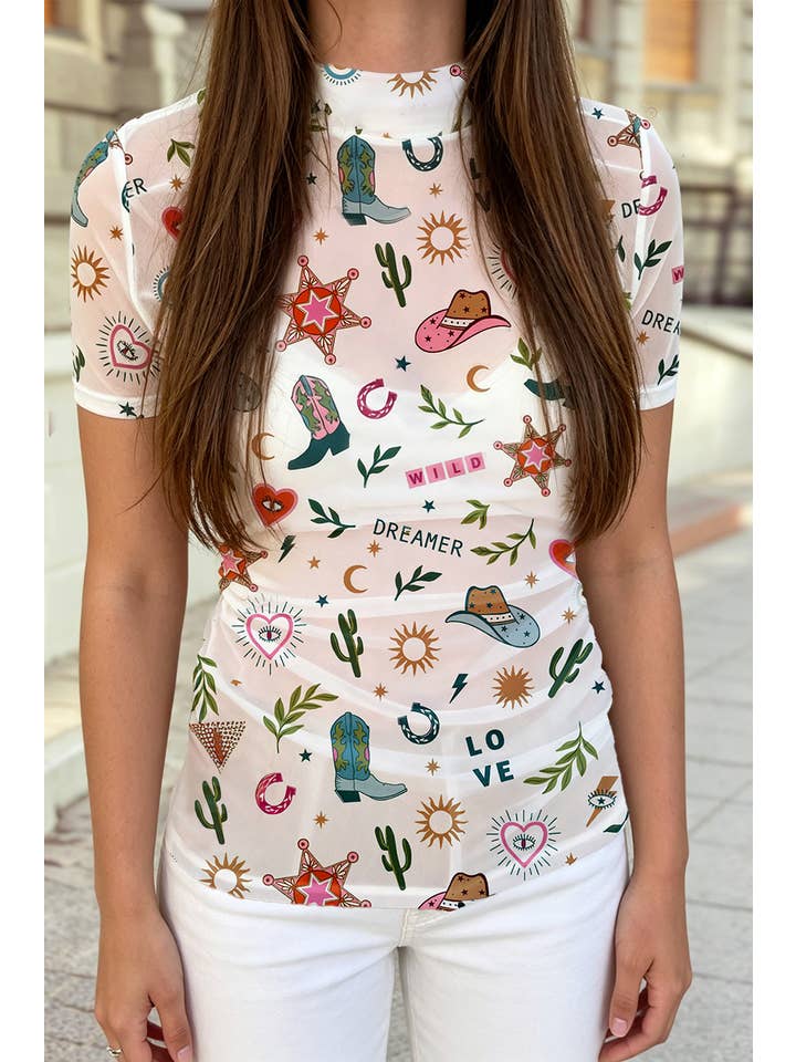 Love Wild Dreamer Western Print Sheer Mesh Top