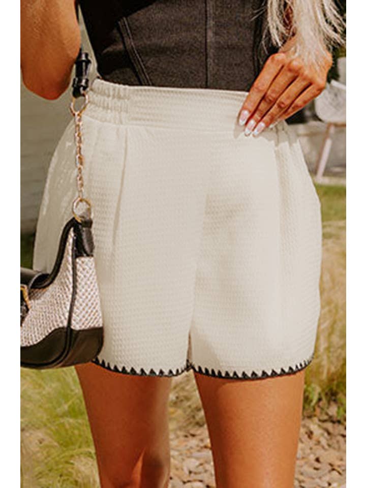 Waffle Texture Contrast Ricrac Hemline Casual Shorts