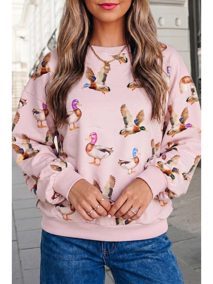 Mallard Duck Western Print Long Sleeve Sweatshirt | S-Xl