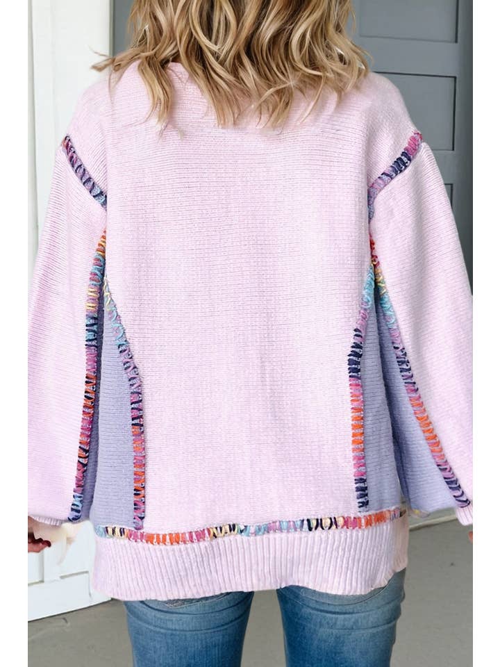 Las Color Block Stitching Bishop Sleeve Sweater (S-Xl)