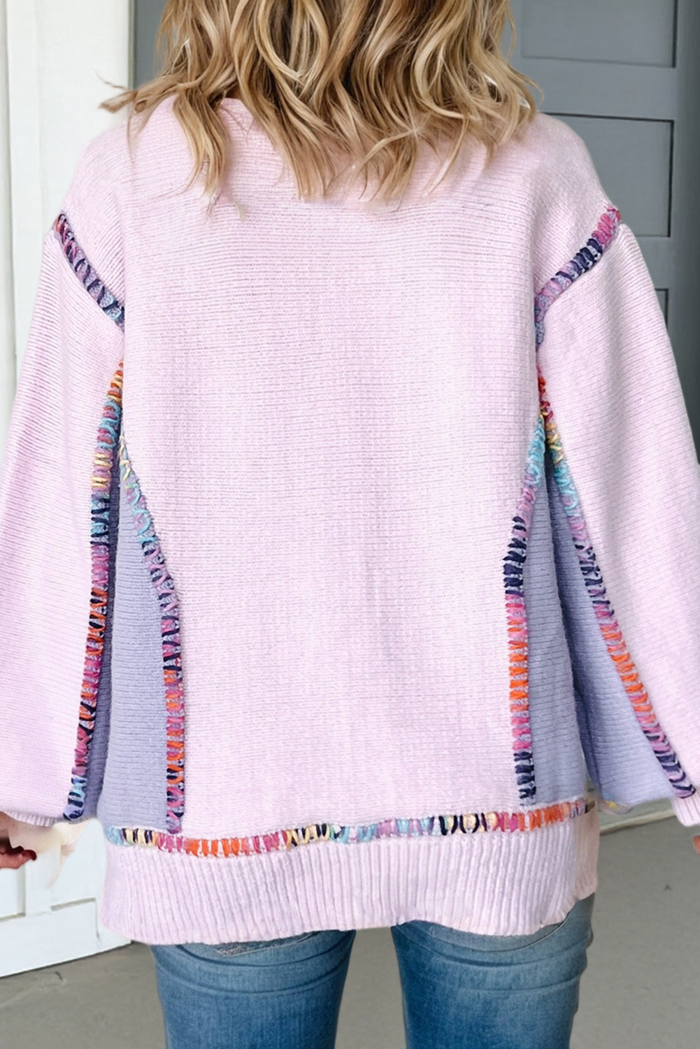 Las Color Block Stitching Bishop Sleeve Sweater (S-Xl)