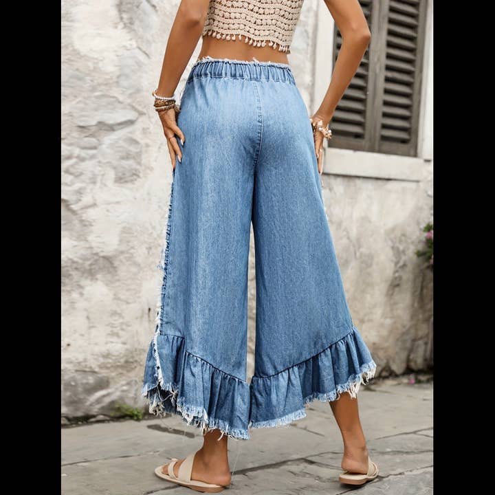 Women's Tie Drawstring Elastic Waist Wide Leg Jeans