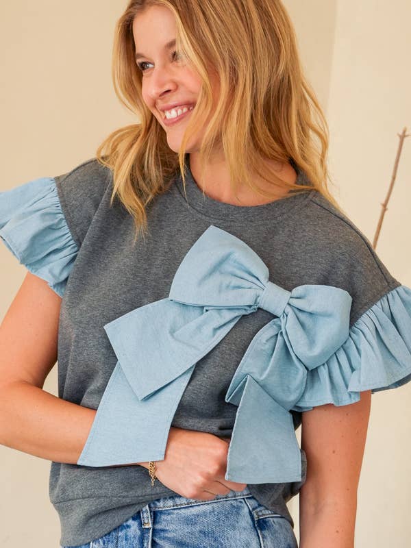 Washed Denim Mixed Bow Ribbon Flutter Top | TR2049-01_B