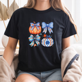Blue Pumpkin Bow Fall T-Shirt, Cute Autumn Graphic Tee