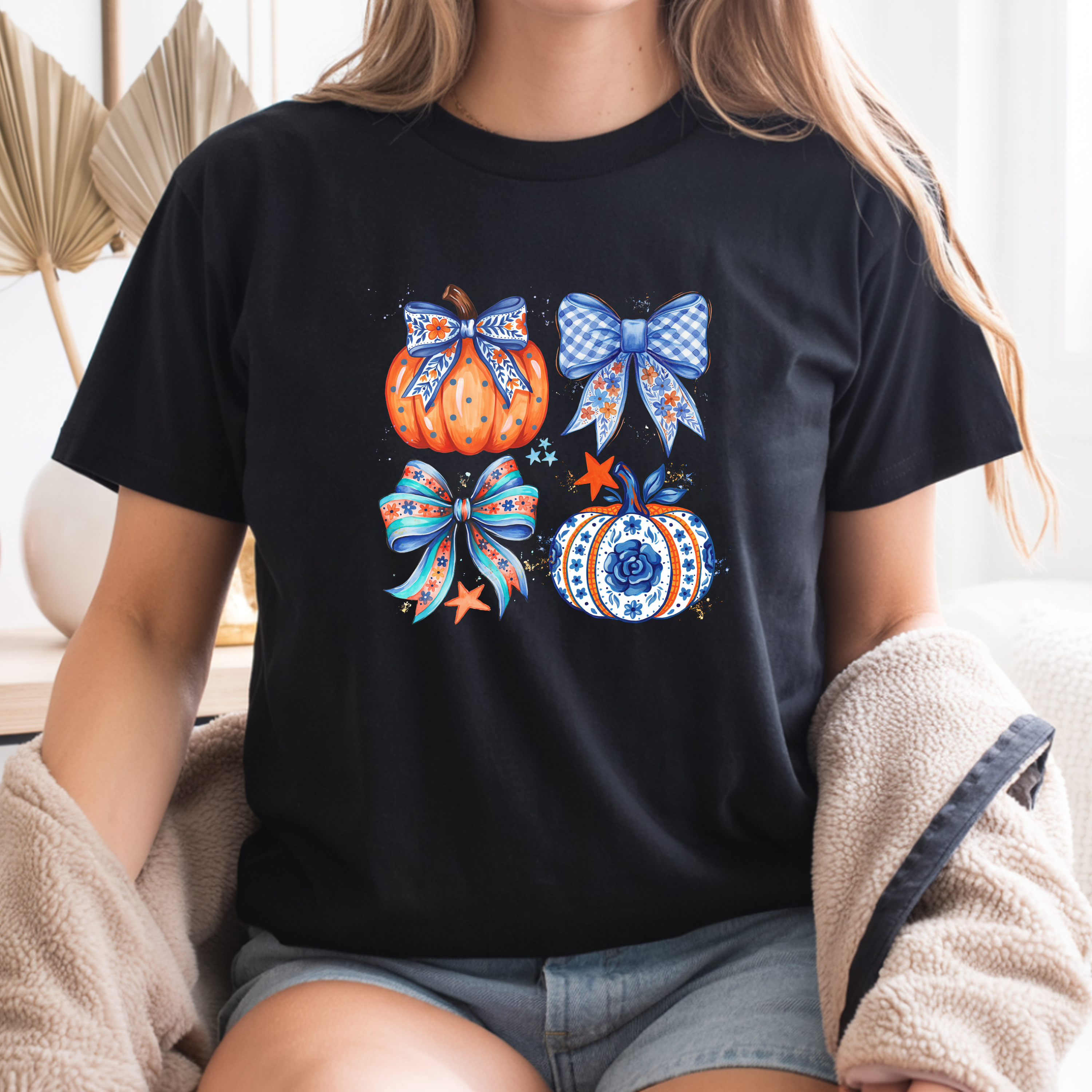Blue Pumpkin Bow Fall T-Shirt, Cute Autumn Graphic Tee