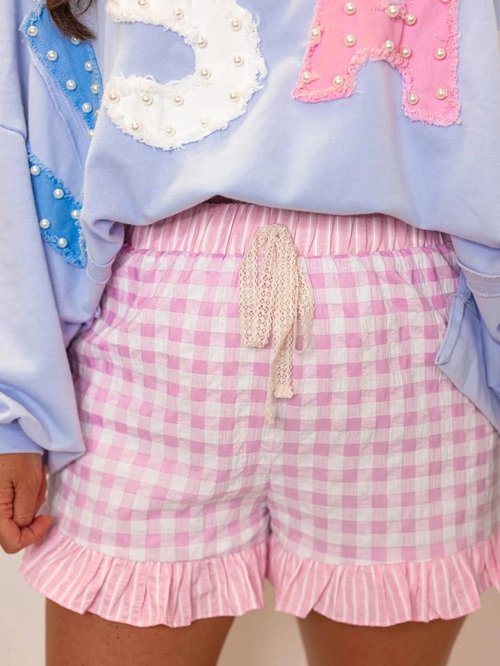 Pink Gingham Print Ruffled Shorts