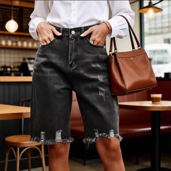 Women Ripped Denim Frayed Tassel Knee Length Shorts