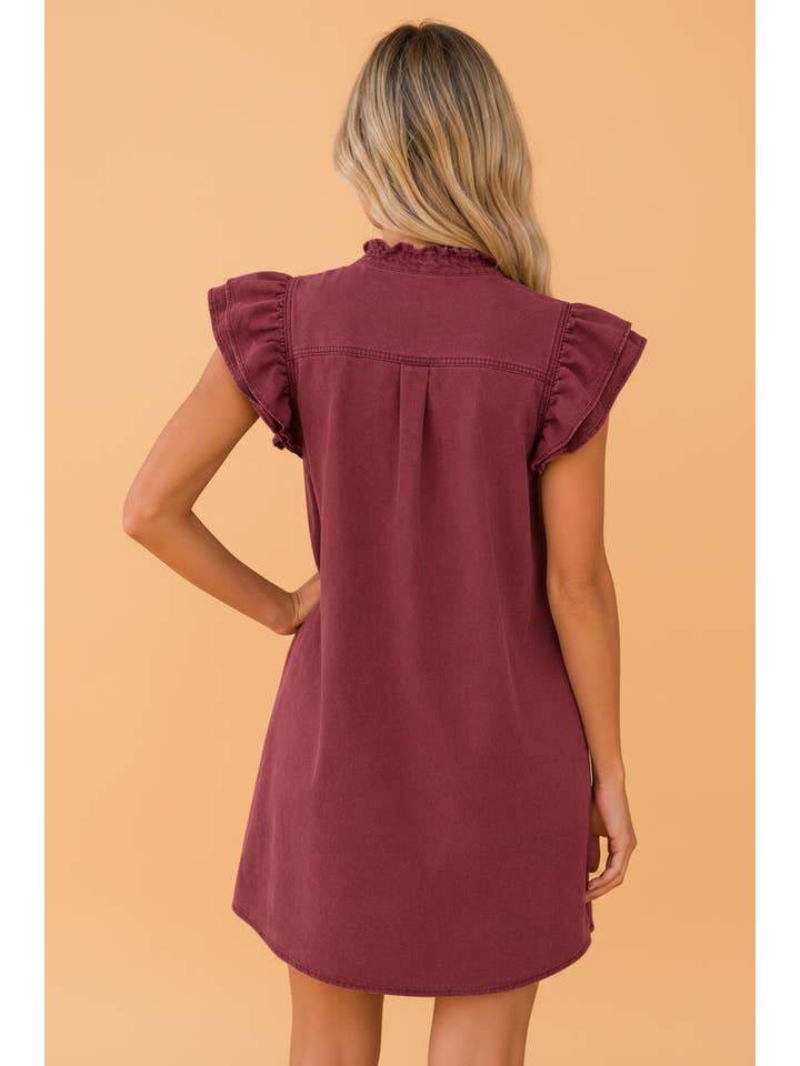 PRETTY BASH Solid Denim Ruffle Buttoned Mini Dress