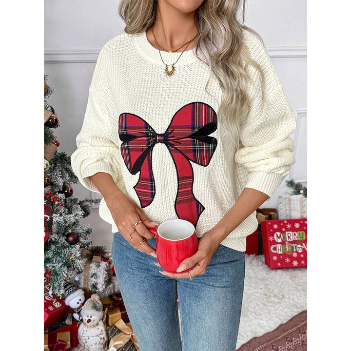 Christmas Plaid Bow Round Neck Pullover Sweater BFZY1721