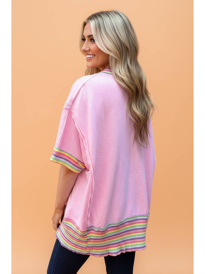 PRETTY BASH Rainbow Stripe Ribbed Patchwork Oversize Tee