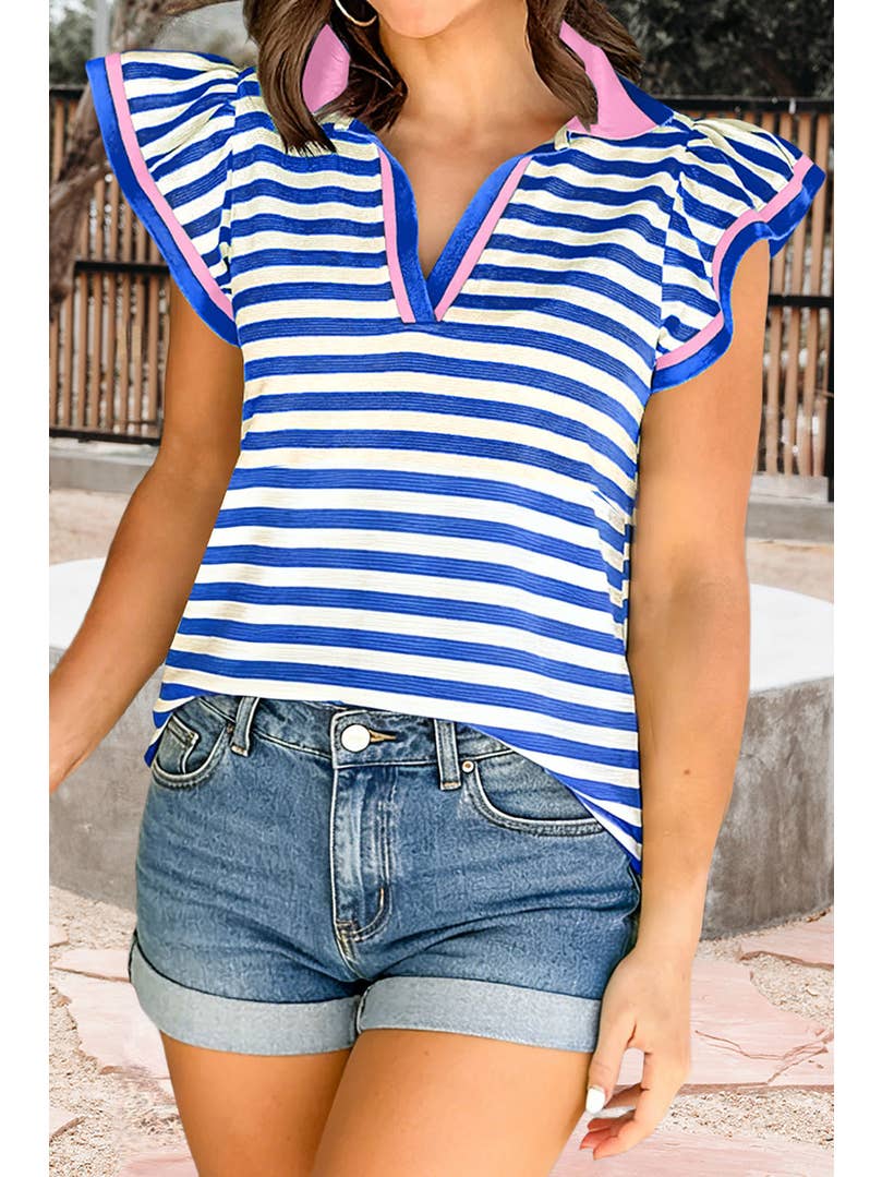 Stripe Contrast Trim Polo Collar Ruffled Sleeve Top (S-Xl)