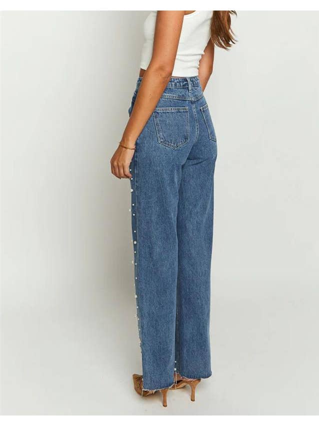 Irregular Waist Beaded Pearl Straight Jeans