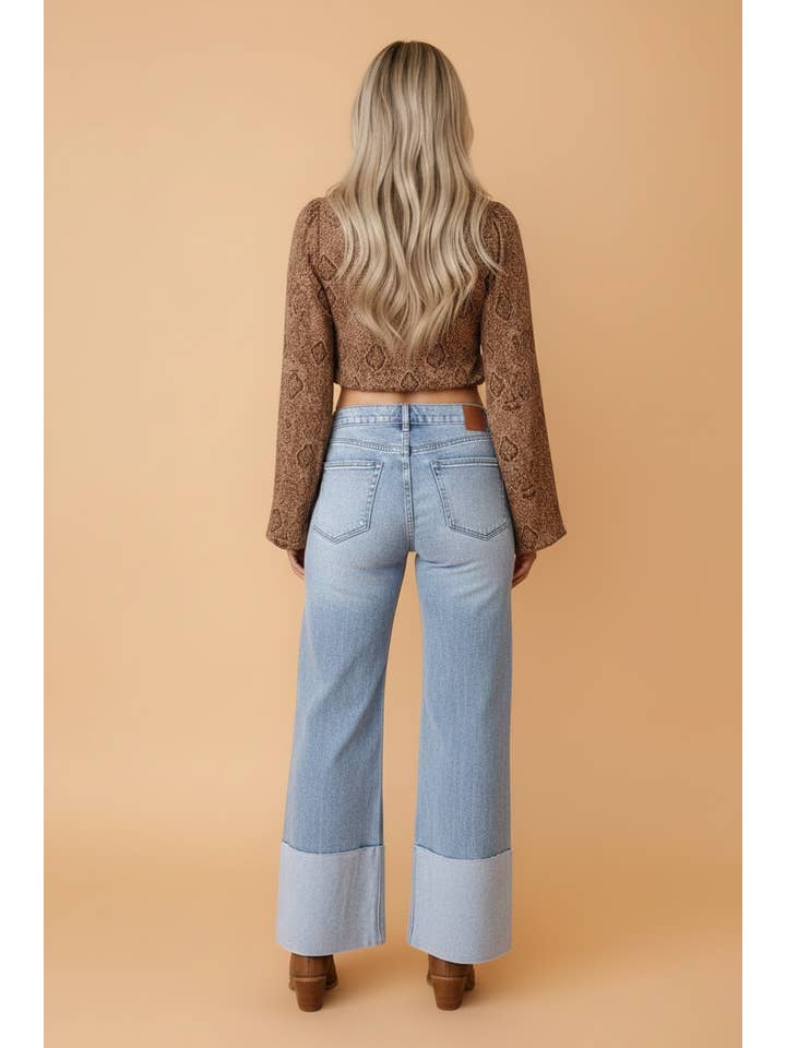 PRETTY BASH Denim Turn-Up Cuffs Wide Leg Jeans