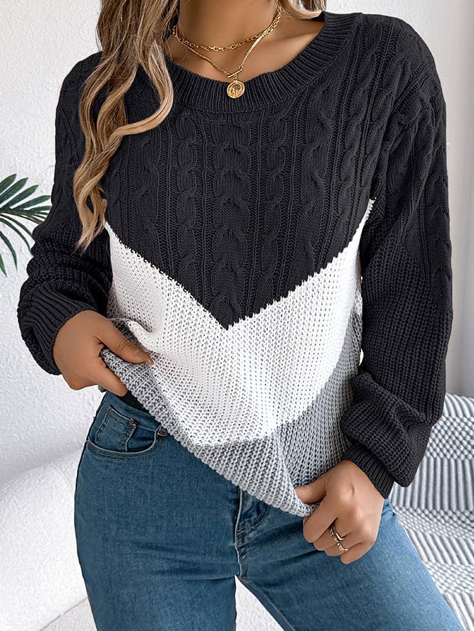 Colorblock Cable Knitting Sweater BJS179