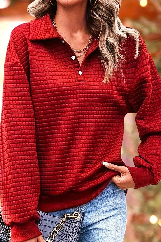 Plain Waffle Knit Collar Button Pullover Sweatshirt ZK955