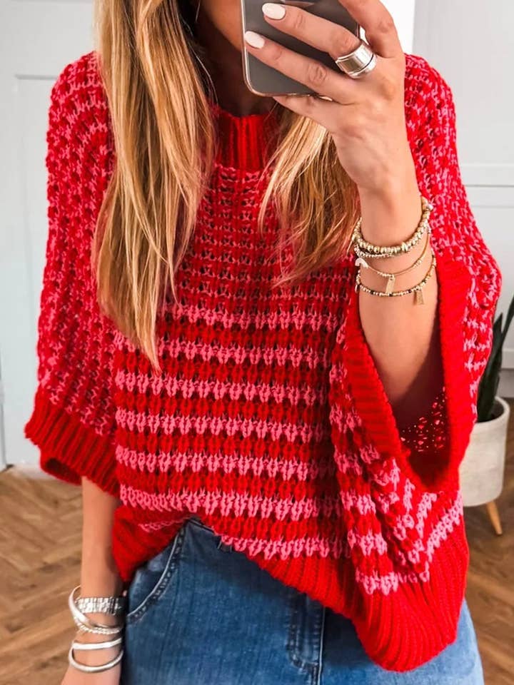 Stripe 3/4 Draped Sleeve Slouchy Sweater
