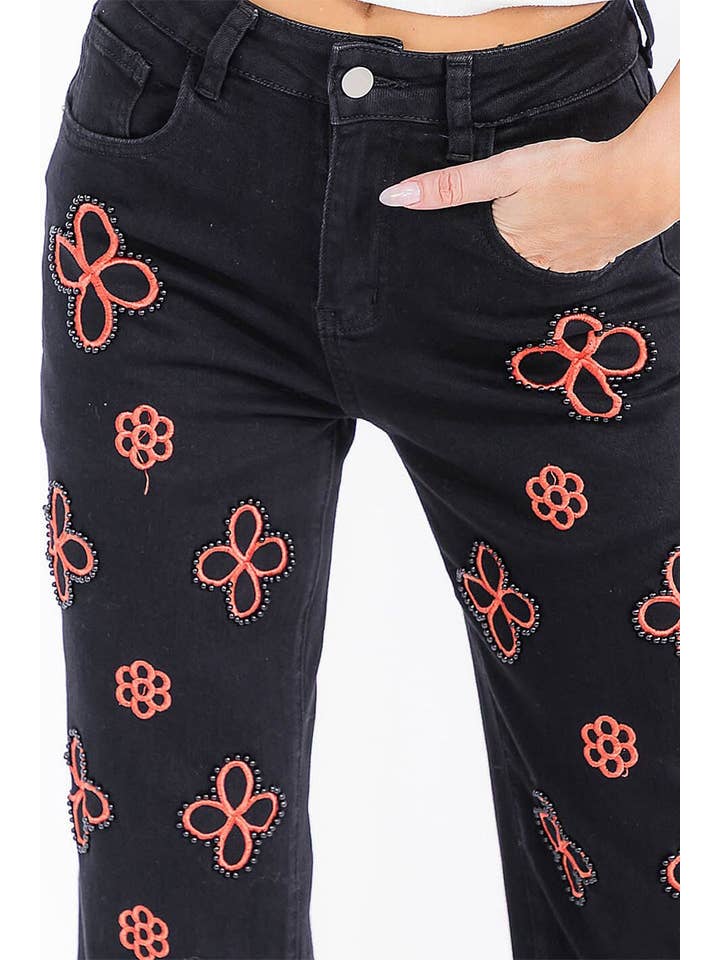 Pockets Pearl Flowers Detailed Wide Leg Denim Pants