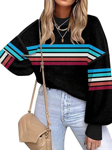 Retro Cozy Multi Striped Lantern Sleeves Knit Sweater