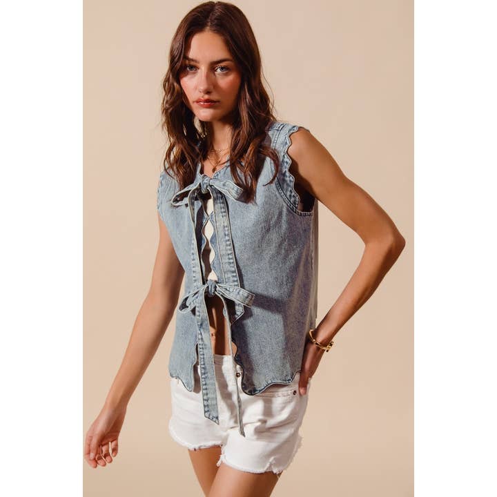 Tie Front Washed Denim Vest Top with Scalloped Edges