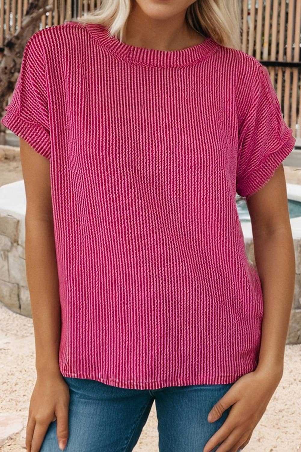 66Spring 2026 Textured Knit Exposed Stitching T-Shirt (S-Xl)