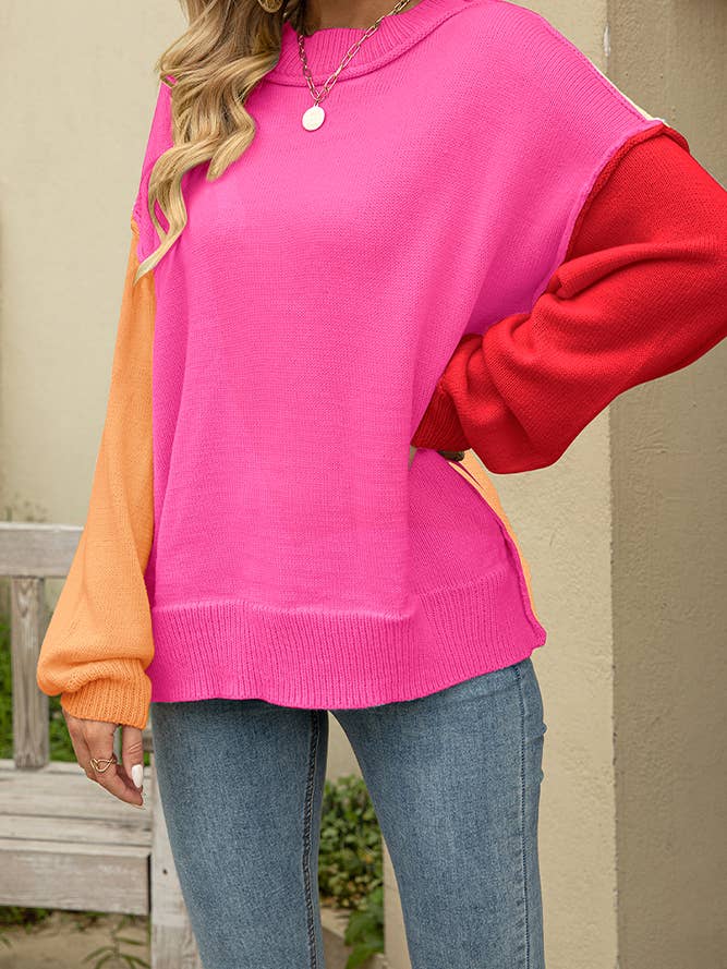 Colorblock Patckwork Knit Pullover Sweater JYYS028