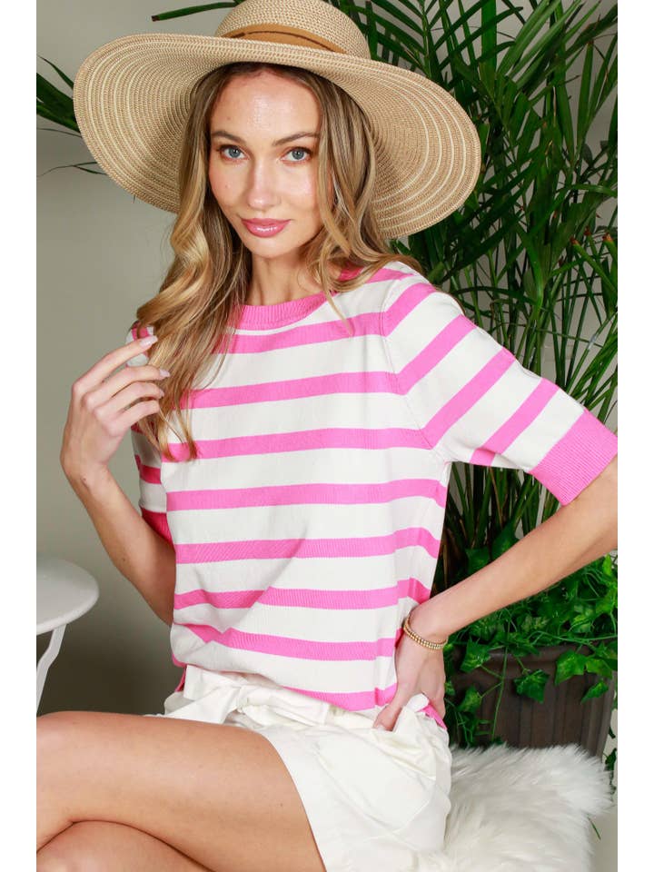 Round Neck Short-Sleeve Lightweight Striped Sweater VT81640-